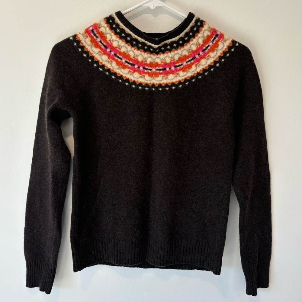 Vintage J. Crew Fair Isle Lambs Wool Sweater Colorful Floral Retro Neckline